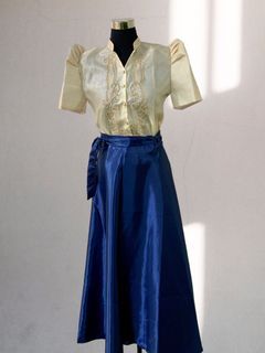 Modern Filipiniana Embroidered Women’s Barong Blouse and Satin Silk Skirt Navy Blue