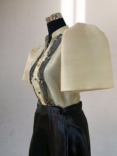 Modern Filipiniana Embroidered Women’s Barong Blouse and Satin Skirt Black