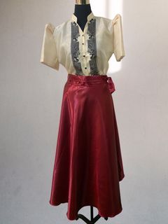 Modern Filipiniana Embroidered Women’s Barong  Blouse and Satin Skirt Burgundy Red