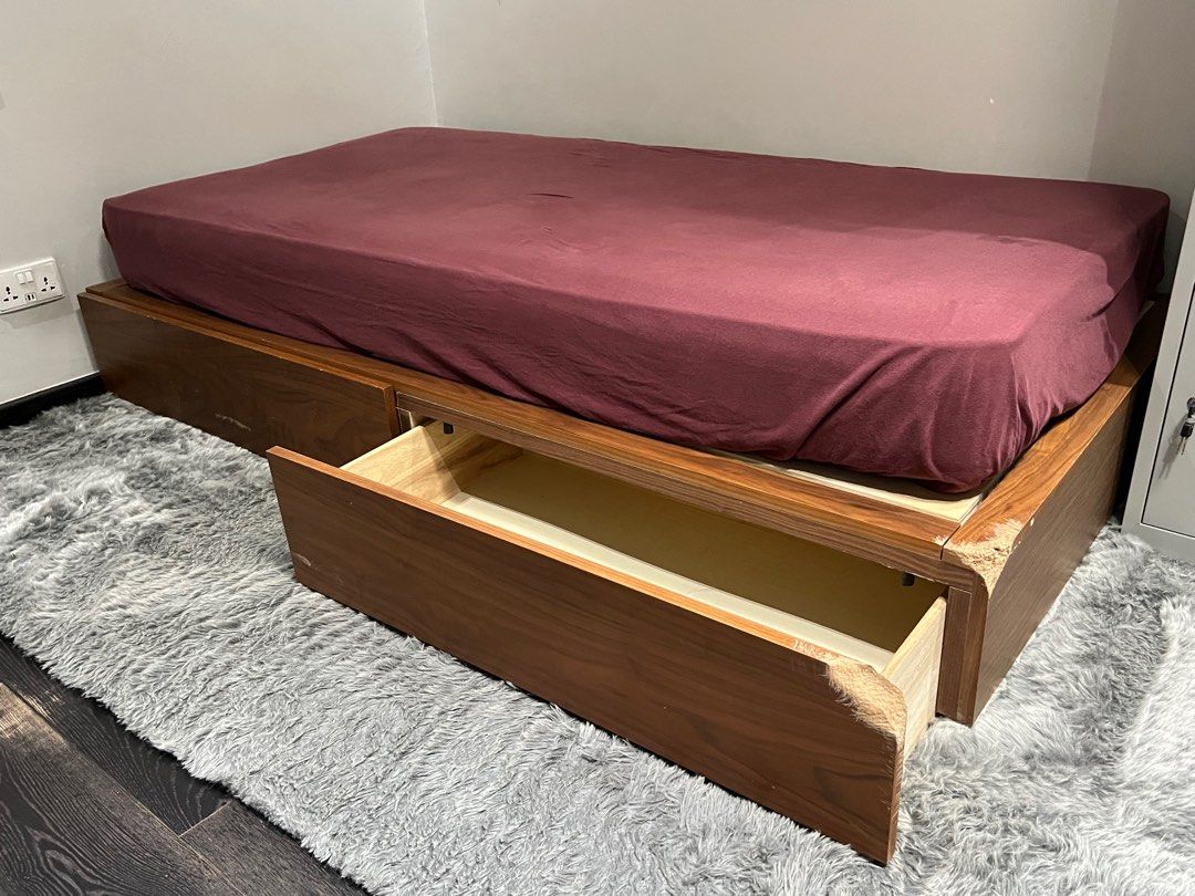 Muji Wooden Single Storage Bed Frame with Mattress, Furniture & Home ...