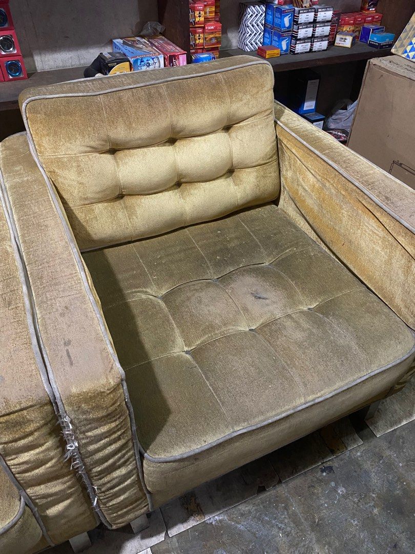 Mustard golden 2 armchair sofas set (Category: Sofas) located in Quezon City. Submitted by 5thofjulyTHRIFTS (Listing ID 1227907105, Image 3). Description: just needs deep cleaning selling as set.