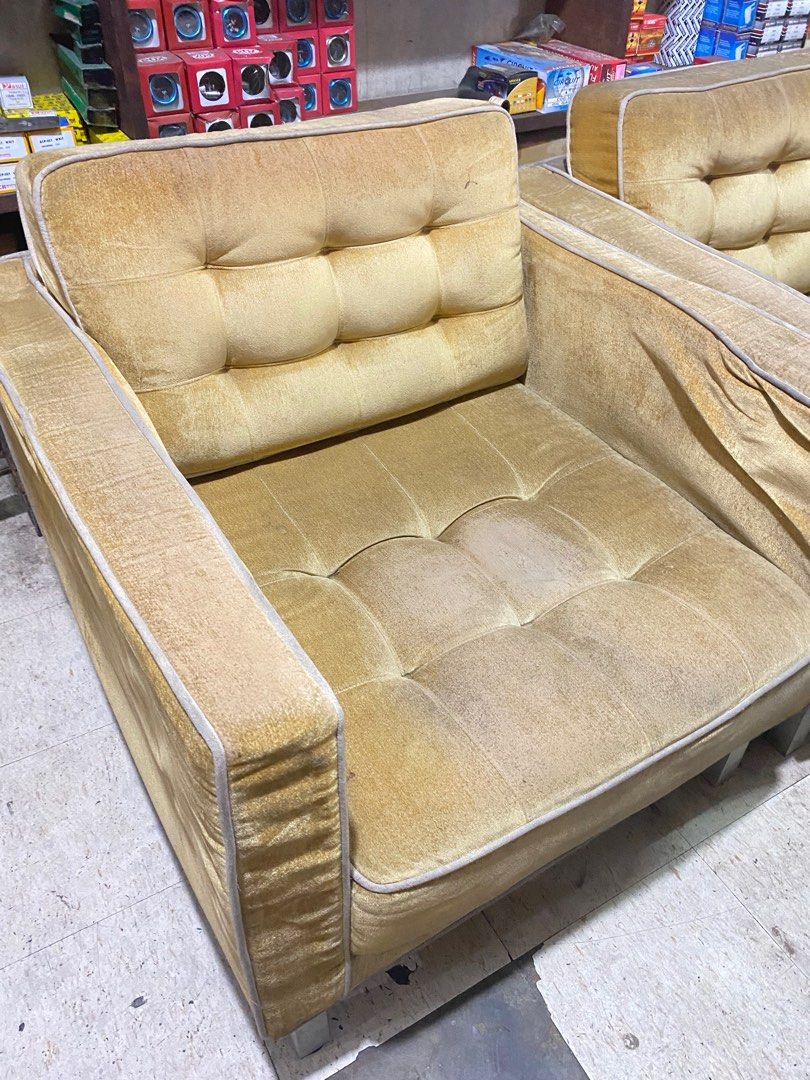 Mustard golden 2 armchair sofas set (Category: Sofas) located in Quezon City. Submitted by 5thofjulyTHRIFTS (Listing ID 1227907105, Image 2). Description: just needs deep cleaning selling as set.