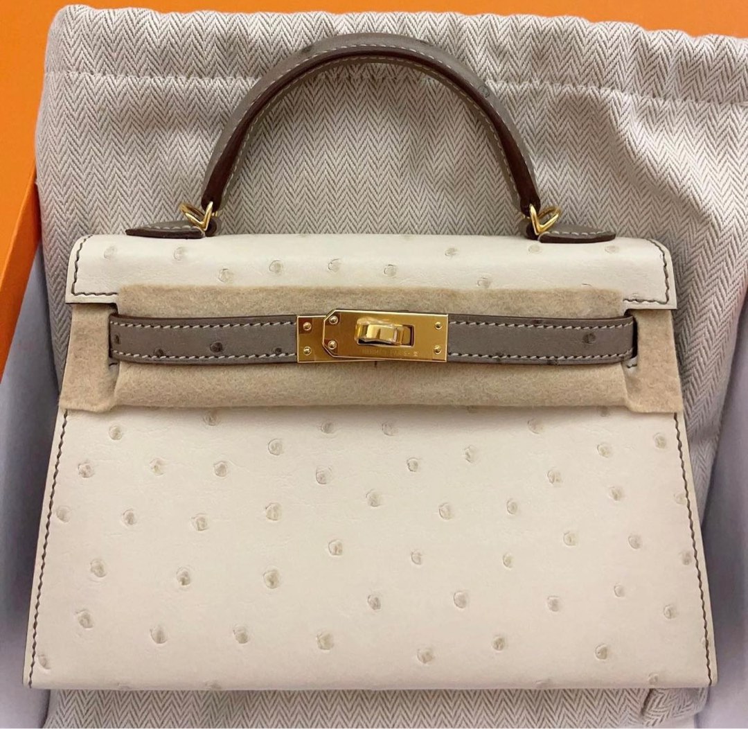 Hermes Kelly 28 Sellier Ostrich Gris Perle