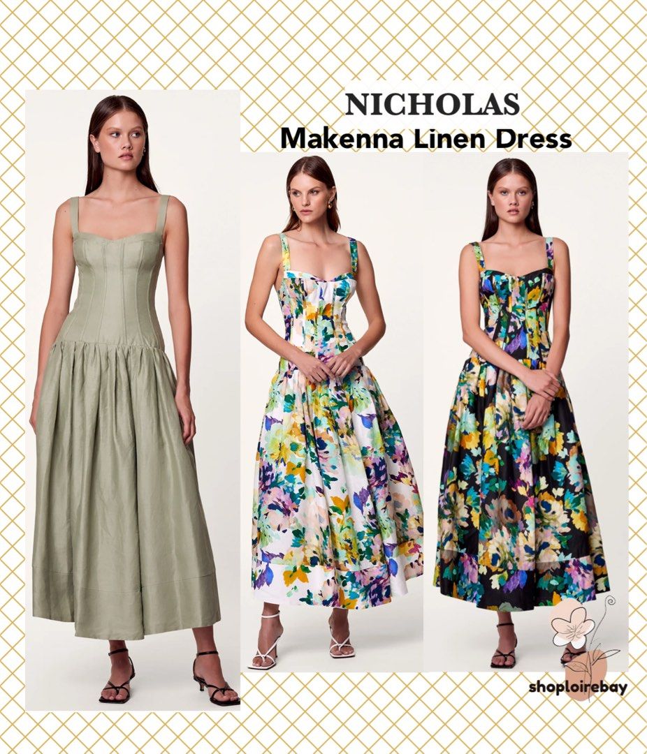 Nicholas Makenna Midi Maxi Dress sage green white black florals Women s Fashion Dresses Sets Dresses on Carousell