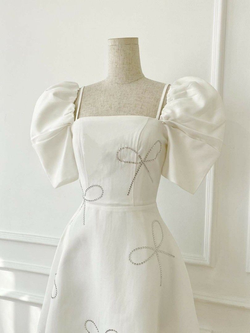 sachin and babi light blue dress White Filipiniana Mini Dress with Flower Appliqus  VESTIDO