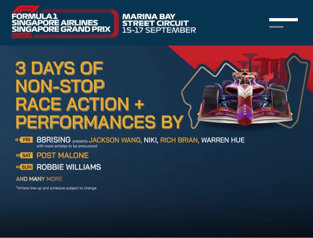 Singapore Formula 1 Grand Prix F1 GP Orange Pit Grandstand 3Day Ticket, Tickets & Vouchers
