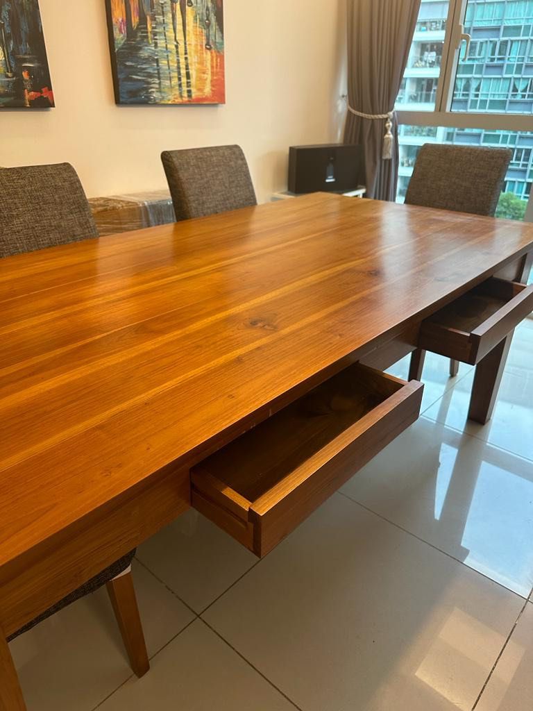 Solid hardwood timber table with 6 material chairs, Furniture & Home