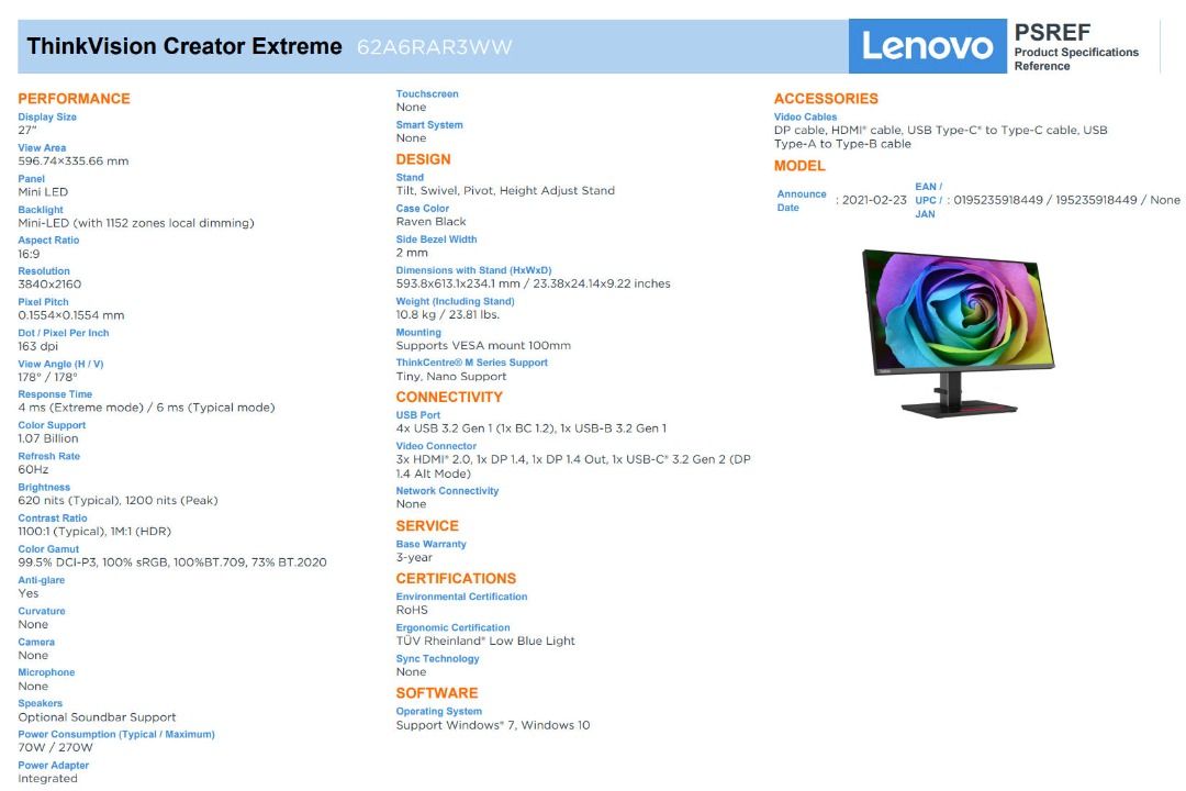 ThinkVision Creator Extreme HDR1000 Mini LED Monitor, Computers & Tech ...