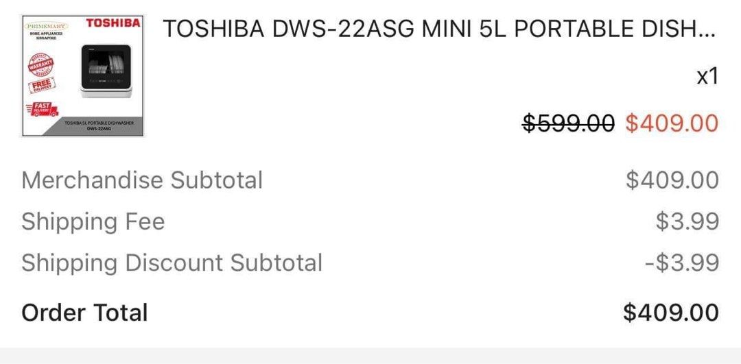 TOSHIBA DWS22ASG MINI 5L PORTABLE DISHWASHER * BEST SELLER * FAST