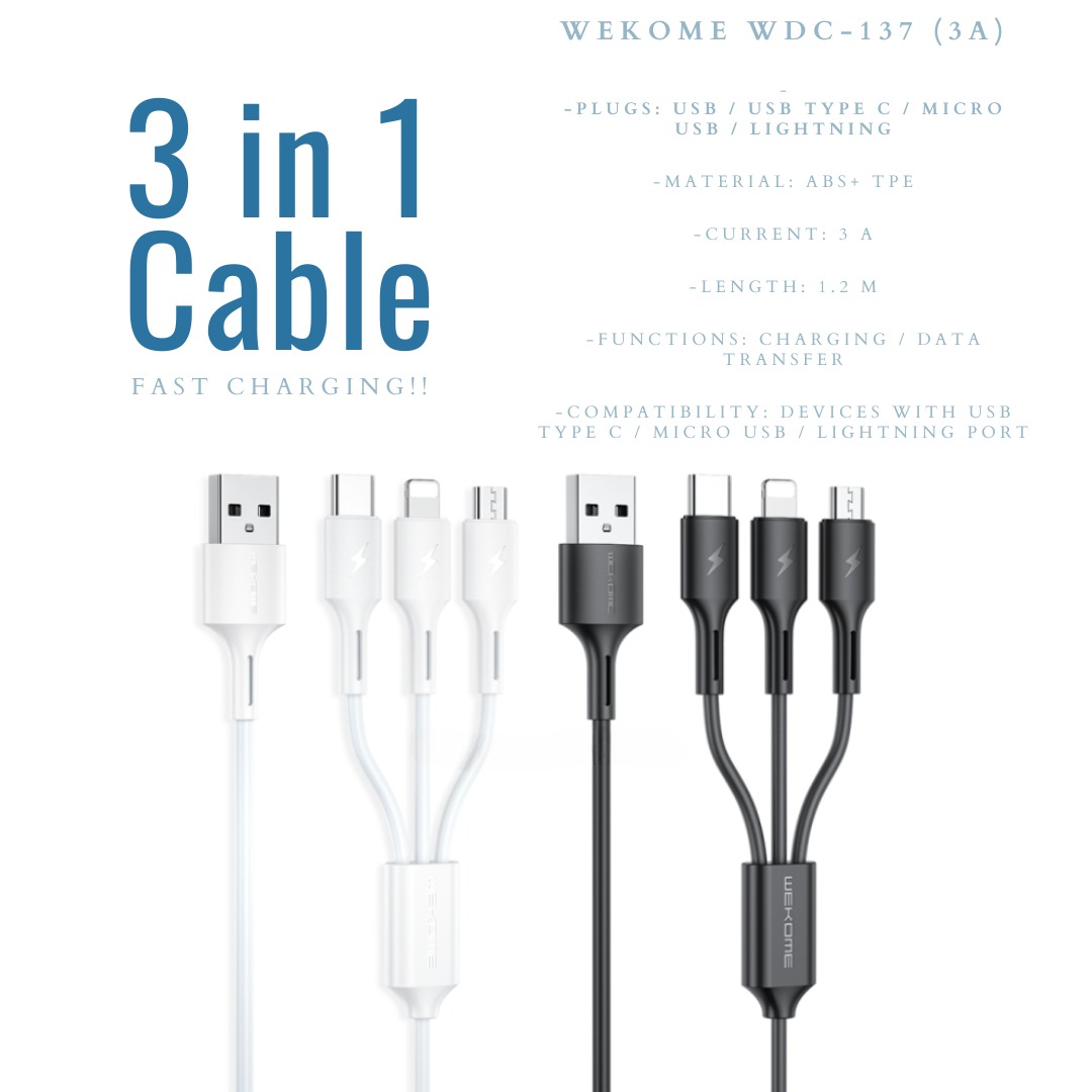 Wekome 3 in 1 Charging Cable Fast Charge WDC137, Computers & Tech