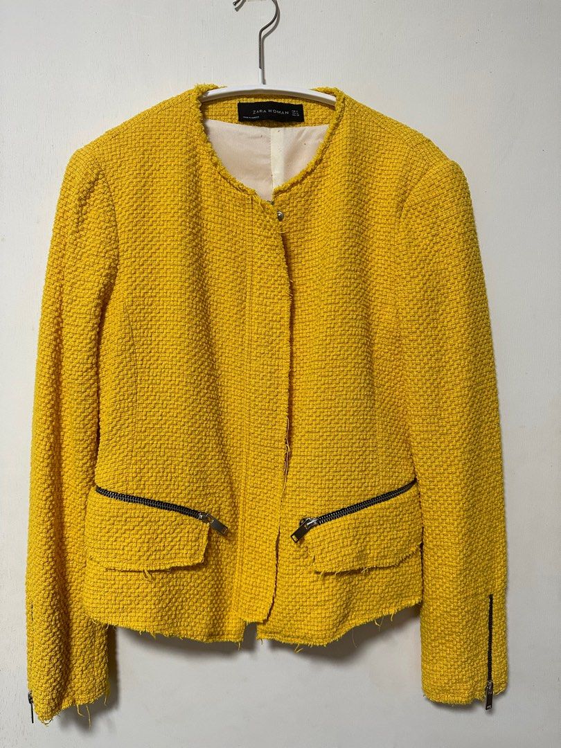 ZARA Yellow Tweed Jacket, Women's Fashion, Coats, Jackets and Outerwear