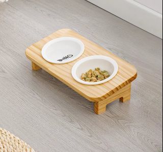 貓碗 狗碗 雙碗 寵物碗 斜口 傾斜 陶瓷 碗架 木製 木紋 橡木 實木