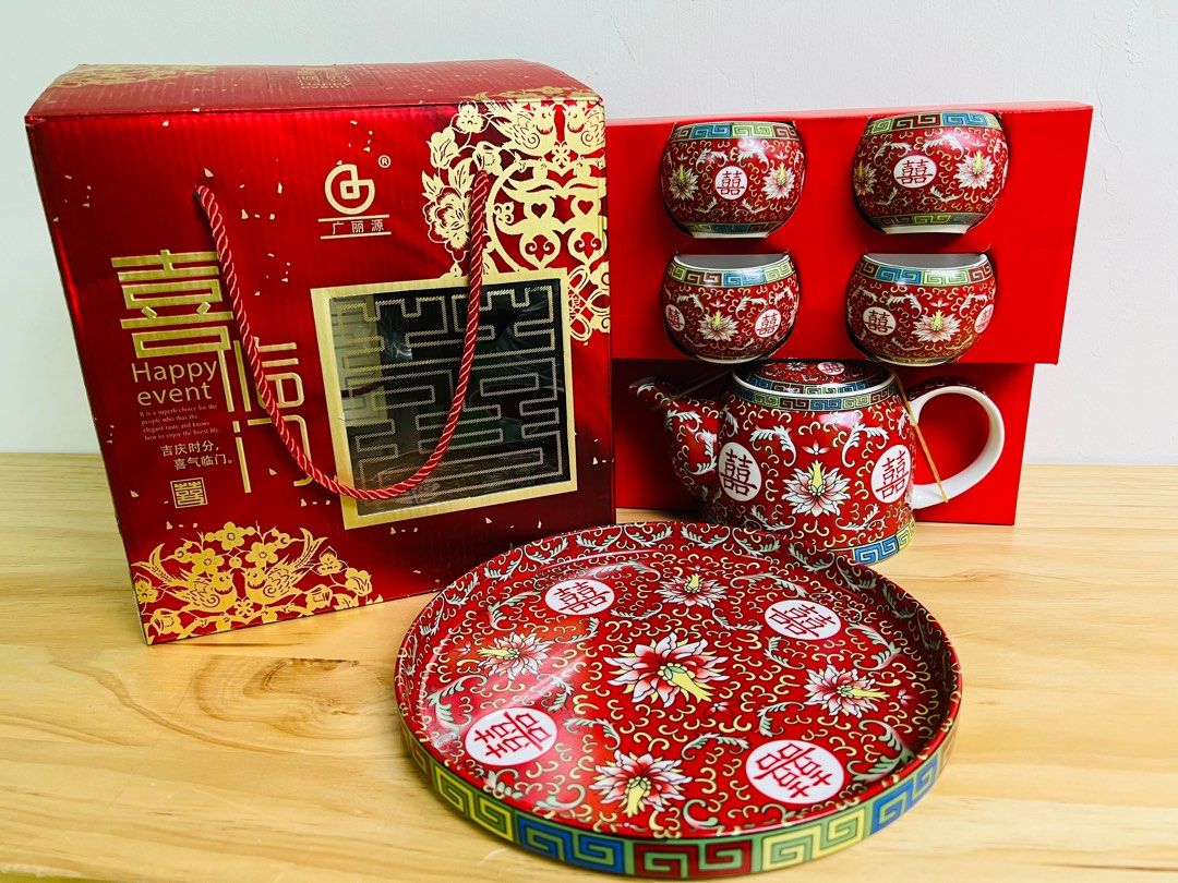現貨 敬茶套裝 敬茶 婚禮 結婚 茶壺 水壺 杯 碟 喜 囍 紅雙囍 回門 婚宴 大妗姐 斟茶 茶, 傢俬&家居, 廚具和餐具, 廚水杯、水壺 ...