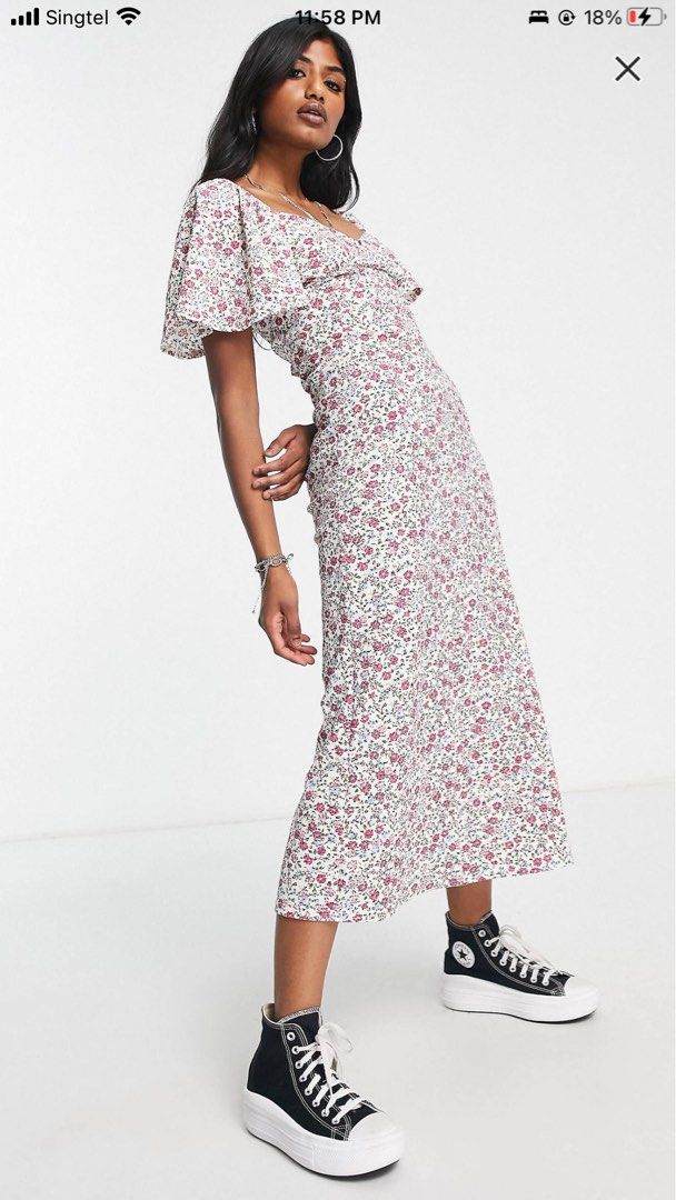 asos white floral midi dress ASOS Flutter Sleeve Midi Dress with Tie Detail in Floral Print, Women's  Fashion, Dresses & Sets, Dresses on Carousell