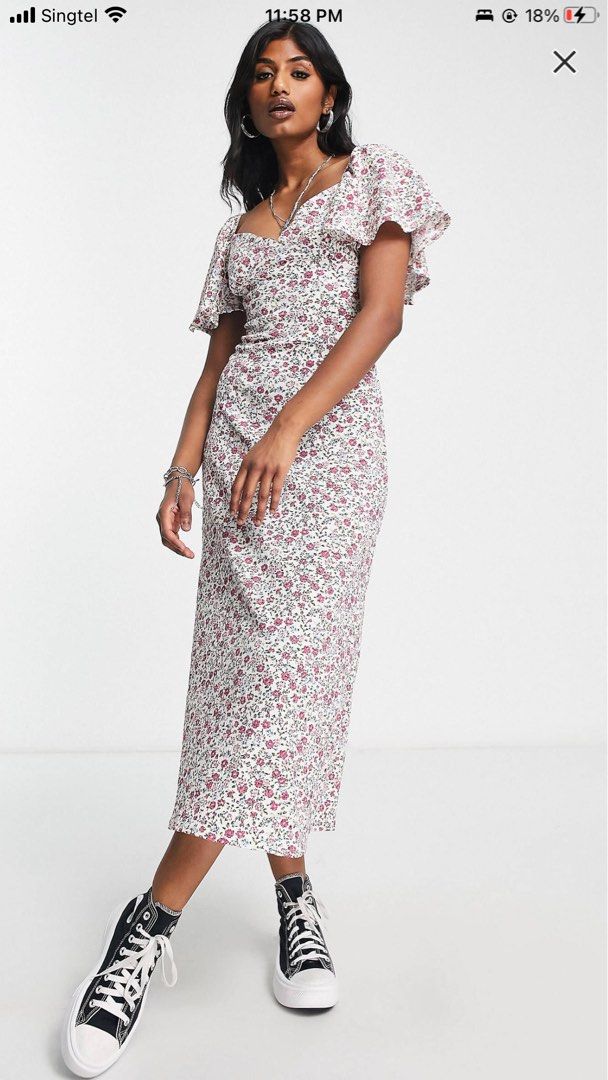 ASOS Flutter Sleeve Midi Dress with Tie Detail in Floral Print, Women's  Fashion, Dresses & Sets, Dresses on Carousell