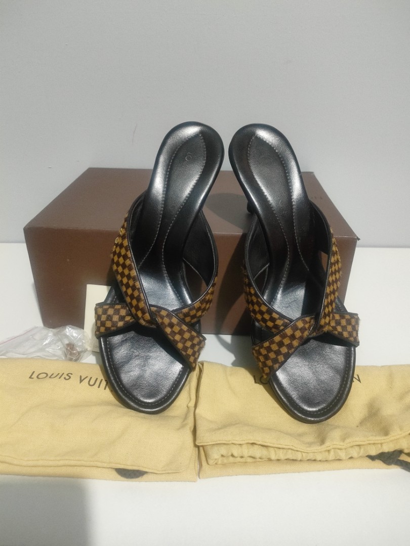 Auth Louis Vuitton Damier Mule Sandals Harako Brown Harako x Calf Evenne  #5376P