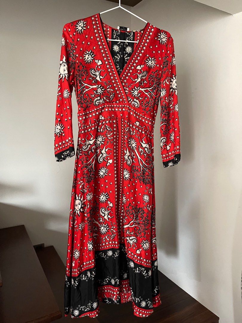 Authentic Sandro Scarf print silk red dress