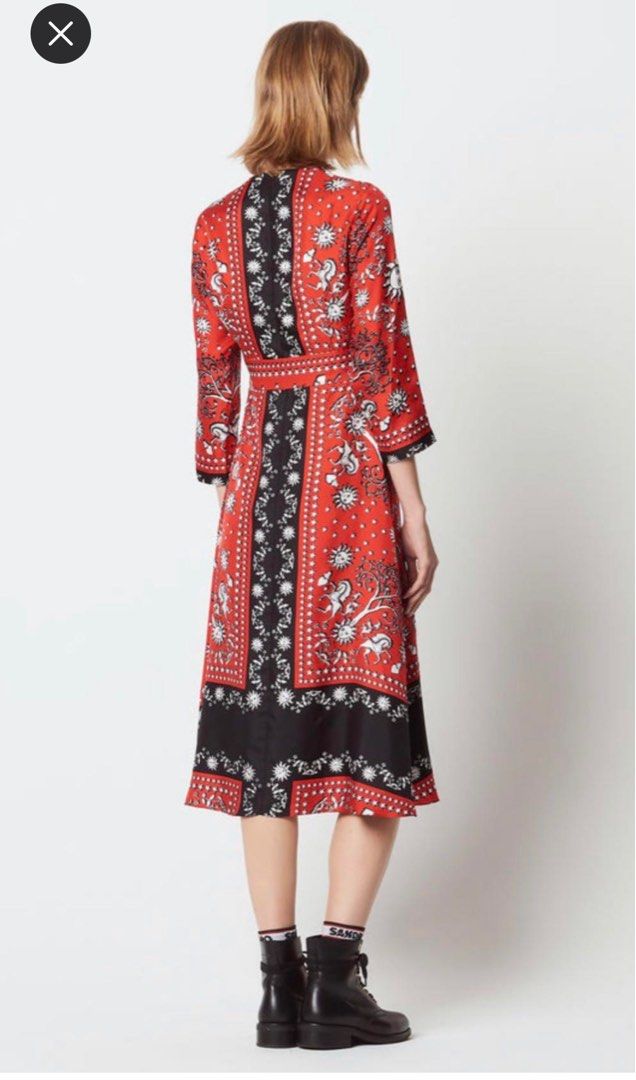 Authentic Sandro Scarf print silk red dress