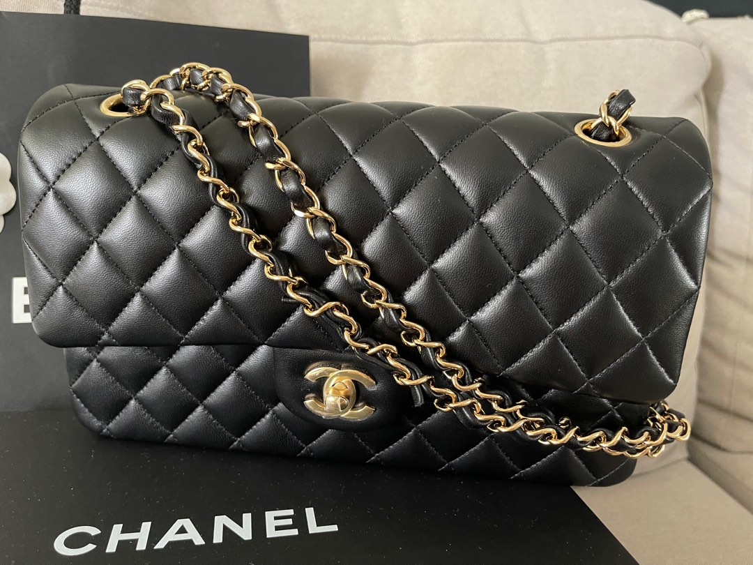 Chanel Classic M/L Medium Double Flap Black Lambskin Silver