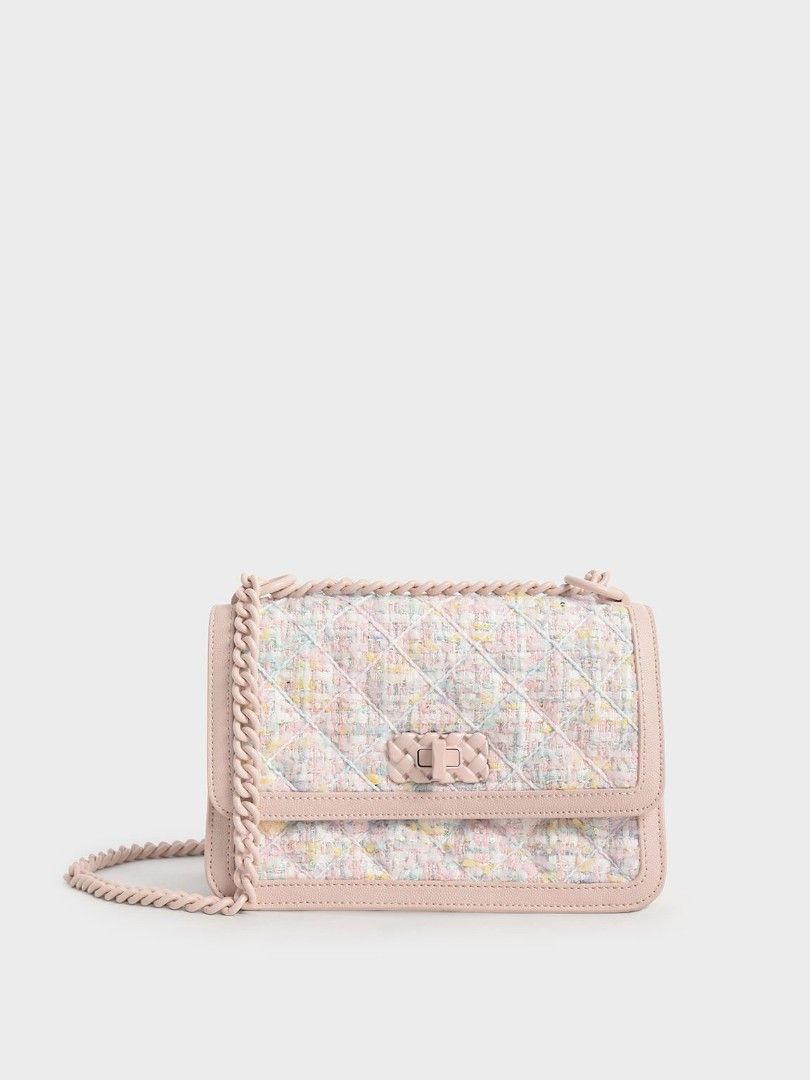 Charles and keith pink tweed chain strap bag, Women's Fashion