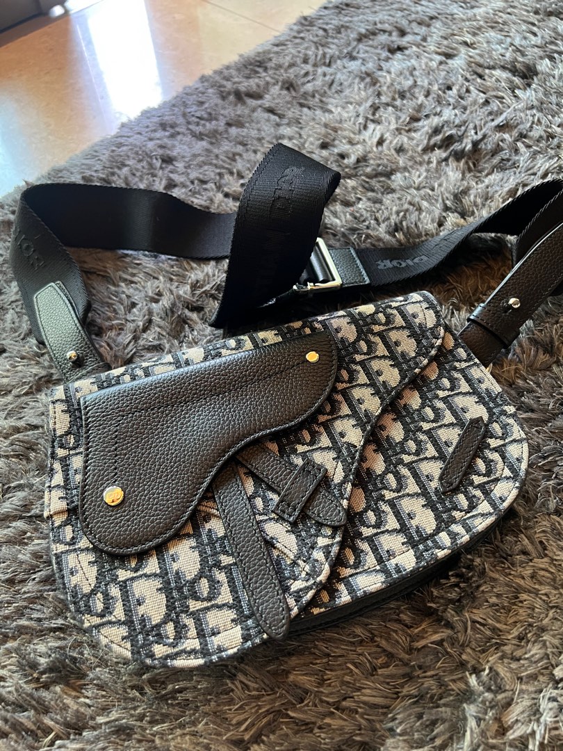 Mini Saddle Bag with Strap Beige and Black Dior Oblique Jacquard