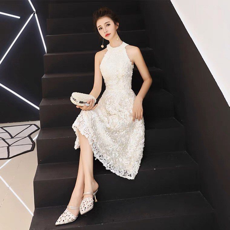 ED07 Ready Stock Halter Neck white Evening Dress Women s