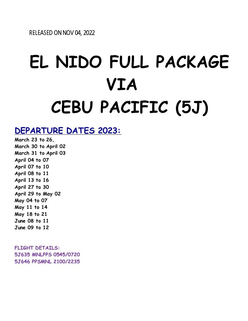 EL NIDO PALAWAN PACKAGE TOUR via Puerto Princesa (Cebu Pacific Airlines), Tickets & Vouchers
