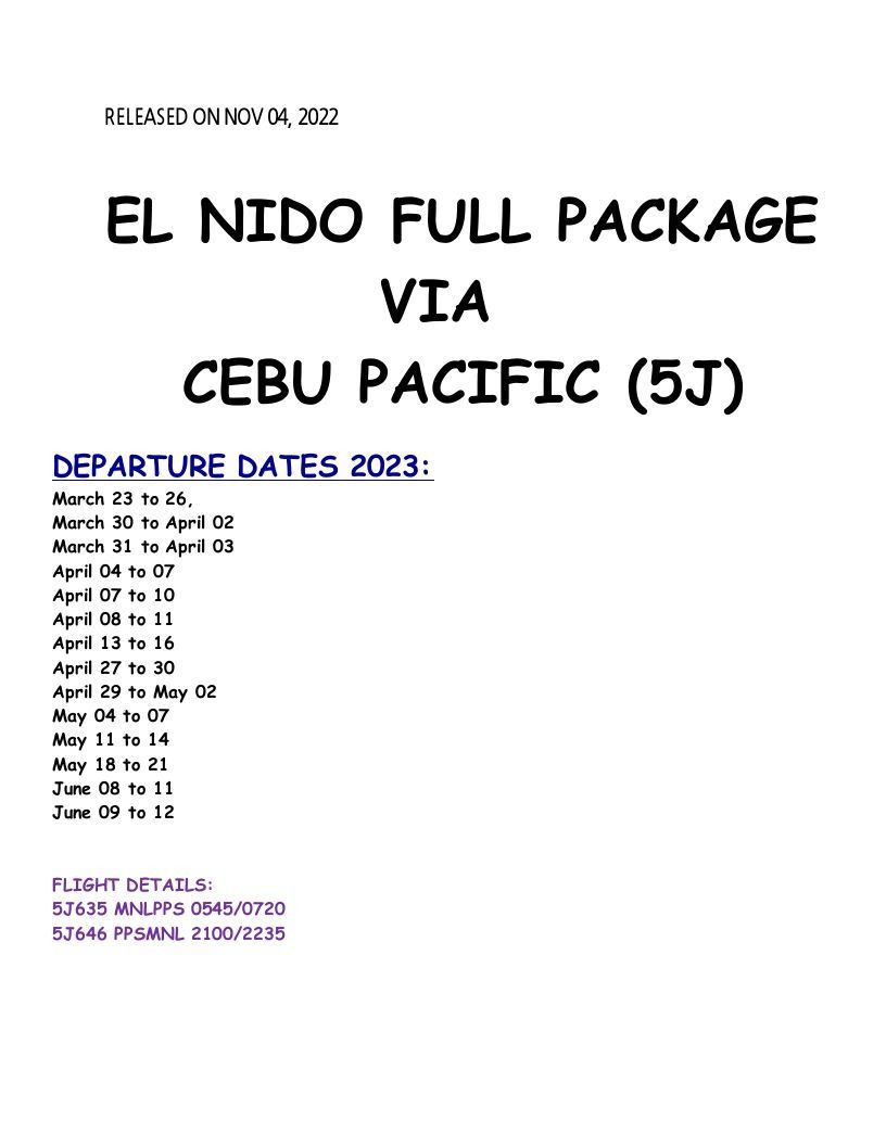 EL NIDO PALAWAN PACKAGE TOUR via Puerto Princesa (Cebu Pacific Airlines