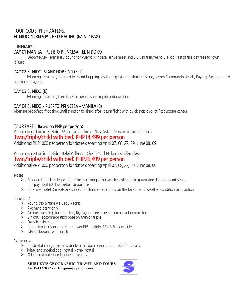 EL NIDO PALAWAN PACKAGE TOUR via Puerto Princesa (Cebu Pacific Airlines