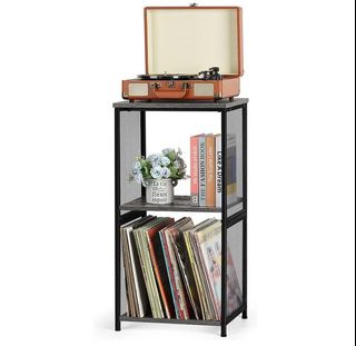 LELELINKY Record Player Stand,Vinyl Record Storage Table with 4 Cabinet Up to 100 Albums,Mid-Century Modern Turntable Stand with Wood Legs,Brown