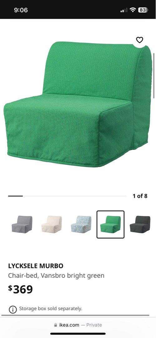 Green IKEA foldable bed frame Sofa LYCKSELE MURBO, Furniture & Home