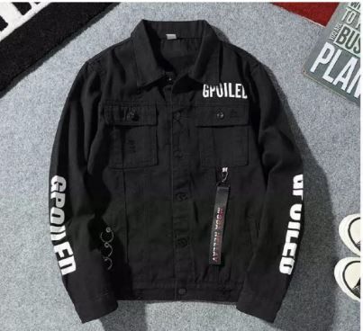 Red and black jean jacket best sale