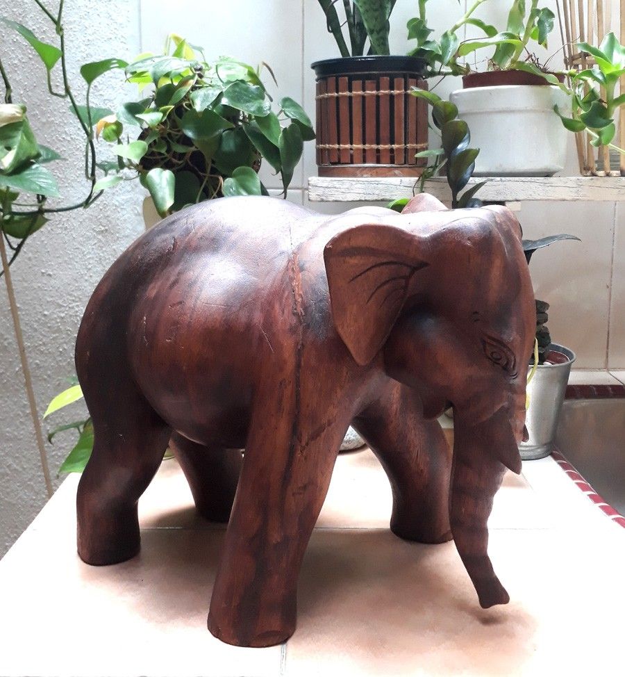 Large Hand Carved Wooden Elephant