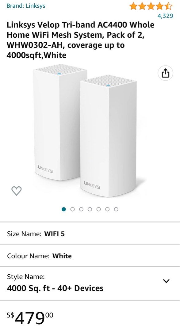 Linksys Velop Triband AC4400 Whole Home WiFi Mesh System, Pack of 2