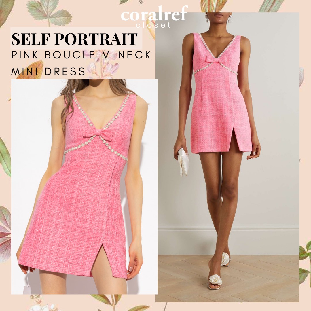 🎀Self Portrait Pink Boucle V Neck Mini Dress, Women's Fashion