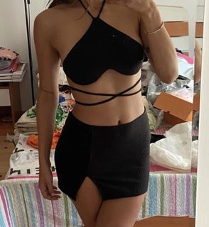 Shein black mini skirt and backless top set