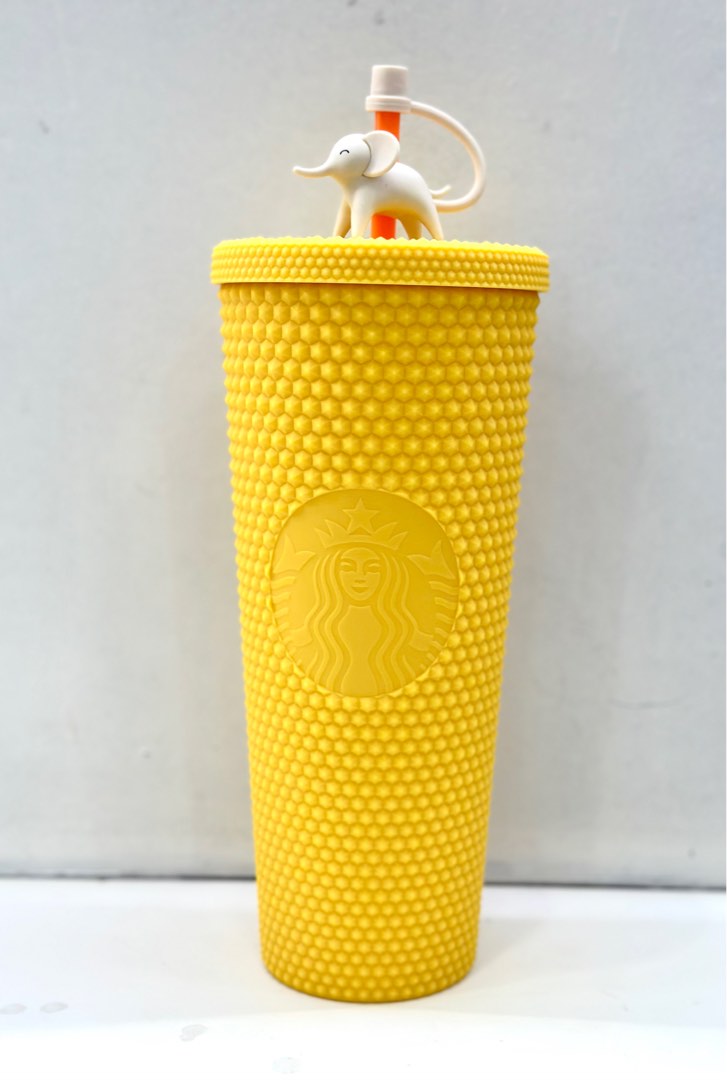 Starbucks Cold Cup Tumbler 24oz New 2023 Bling Yellow Elephant Topper +  Straw