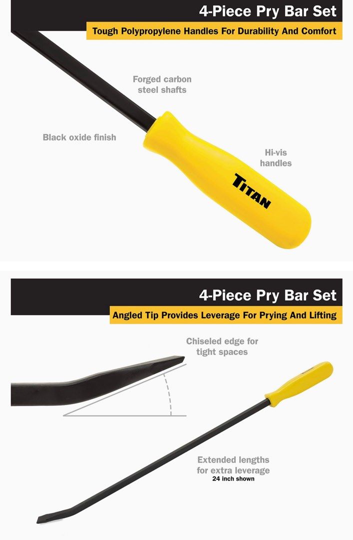 Titan 17101 4 pc. Pry Bar Set, Includes 8Inch, 12Inch, 18Inch, and 24Inch Screwdriver Pry