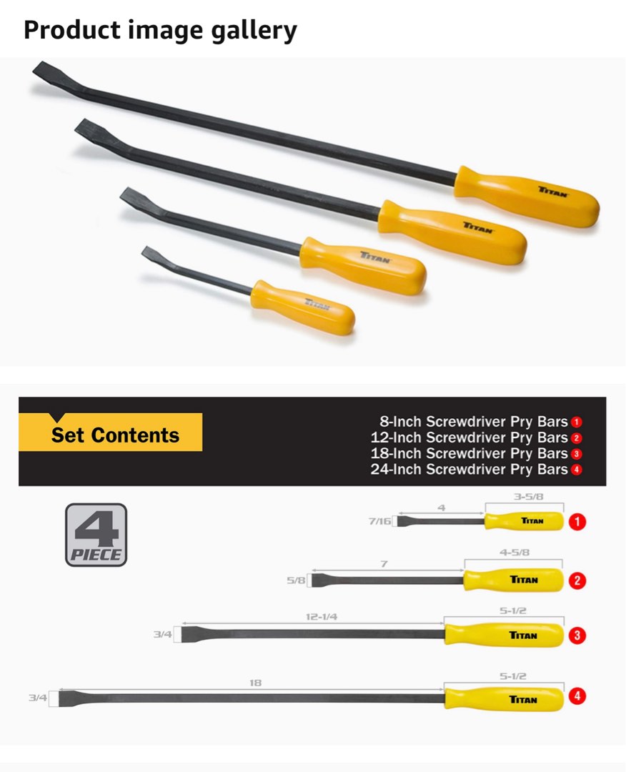 Titan 17101 4 pc. Pry Bar Set, Includes 8Inch, 12Inch, 18Inch, and