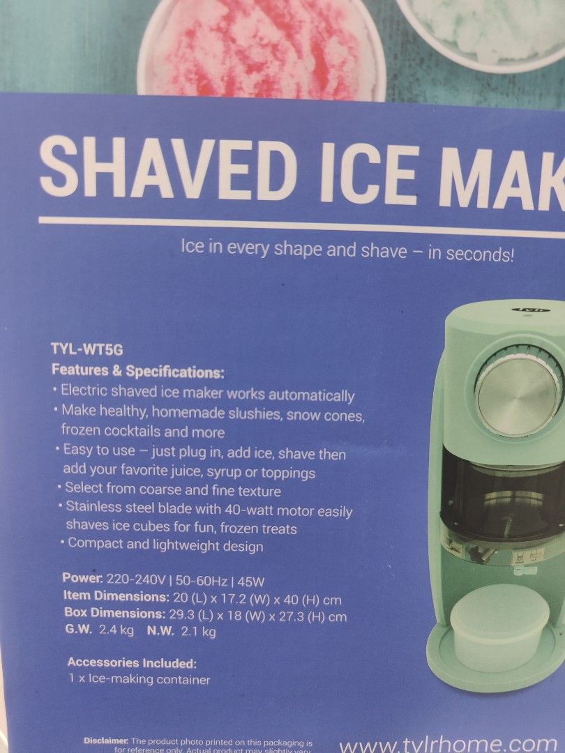 Tylr Shaved Ice Maker (Category: Juicers, Blenders & Grinders) located in Mandaluyong City. Submitted by 54fleetfoot (Listing ID 1228159865, Image 3). Description: Tylr TYL-WT5G Shaved Ice Maker *brand new *220v *45W power consumption *ice shaver perfect for making smoothies, snow cones, shakes RFS: Too small for our milk tea business. We bought it thinking the tall size would be good for commercial purposes. Ibinalik uli sa box without being use