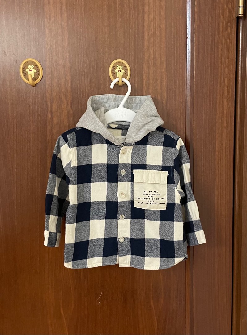 Zara baby 格紋連帽長袖襯衫上衣 9-12m 80cm