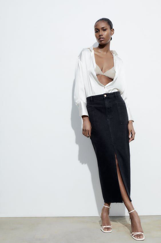 Black denim midi skirt zara 2025