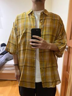 (二手) BEAMS / 男裝 格紋 五分袖 襯衫 黃色 S號 寬版 短袖襯衫