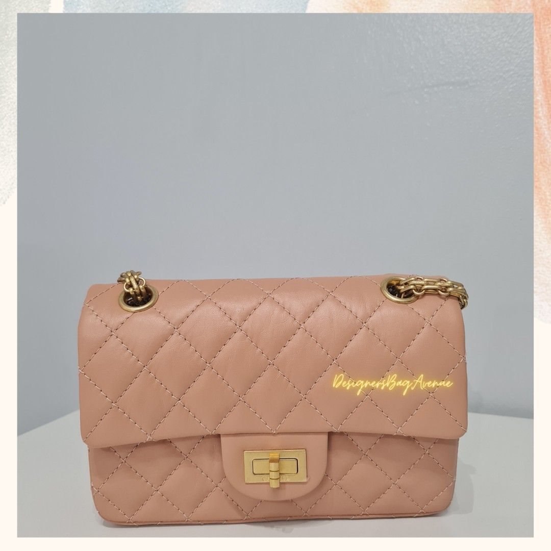 Chanel 2.55 Mini Reissue Salmon distressed calfskin & Aged Gold Hardware  (Microchip), Luxury, Bags & Wallets on Carousell