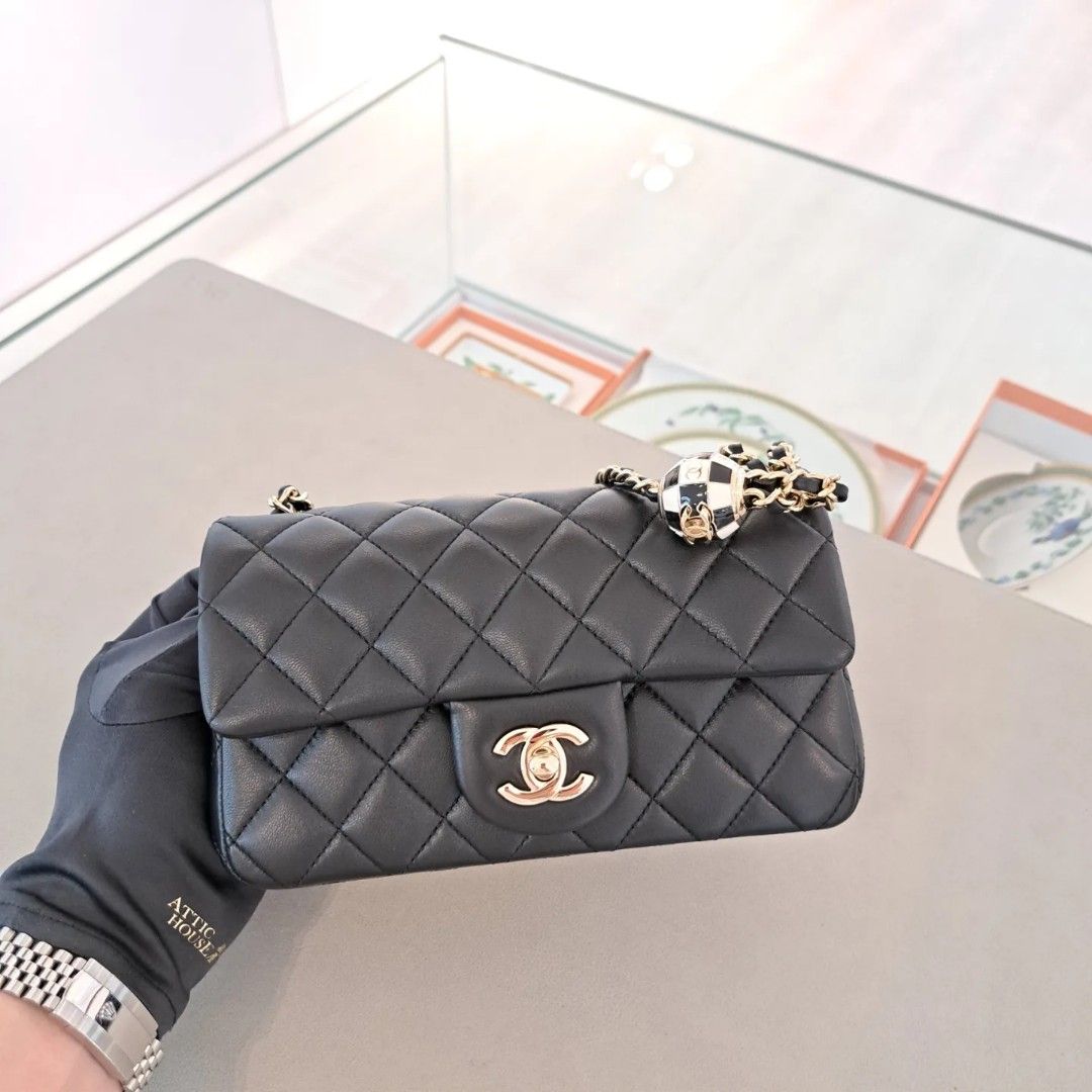 Chanel Pearl Crush Mini Rectangular Flap Bag Black Lambskin Light Gold  Hardware