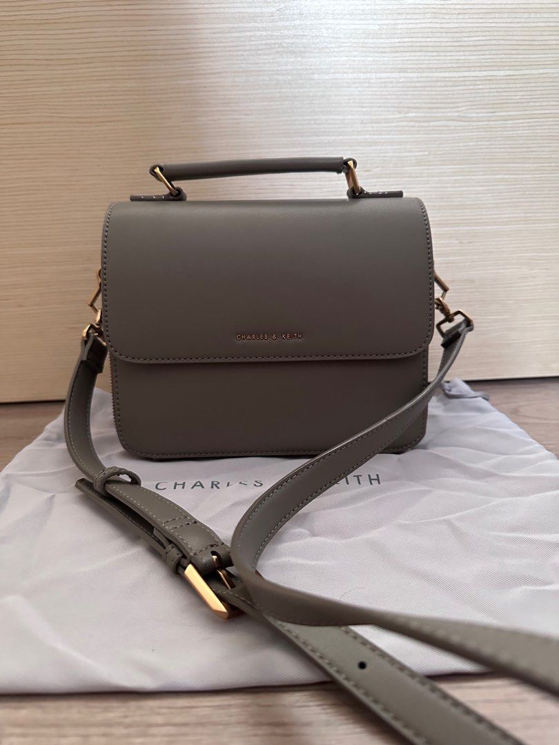 Charles and Keith Front Flap Top Handle Crossbody Bag (Taupe), Women's