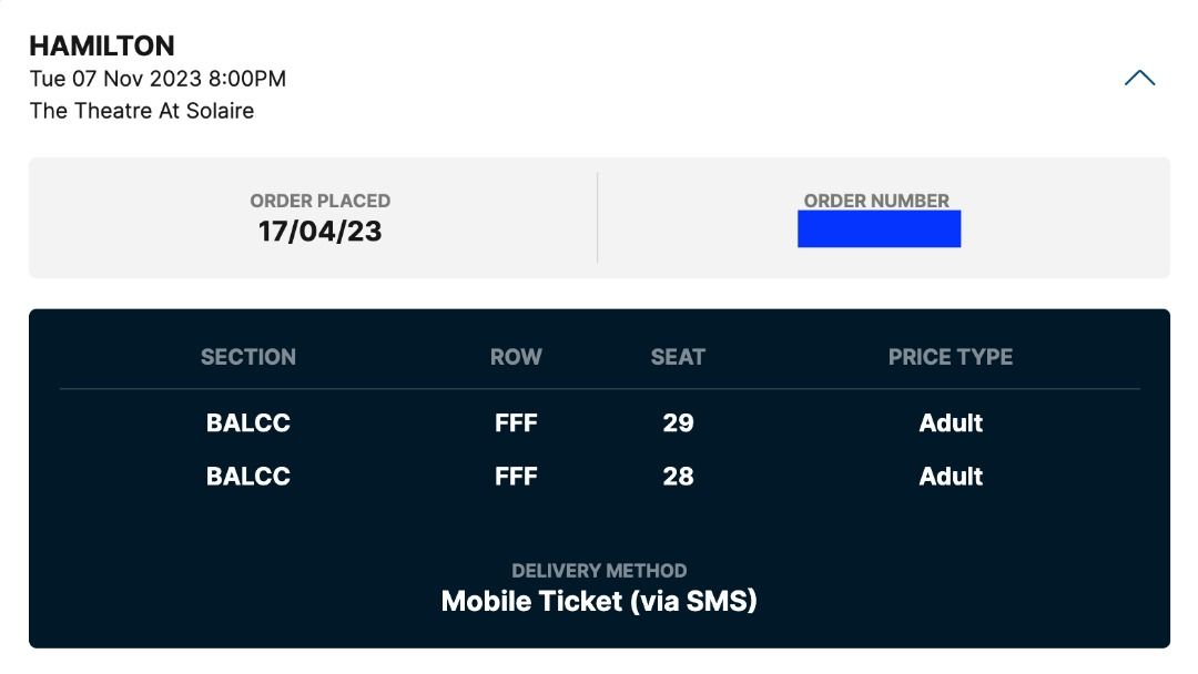 Hamilton Front Row BALCC FFF Refundable 2 Tix Nov. 7 Tue 8PM