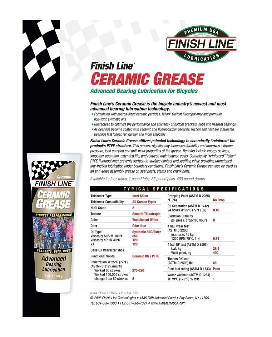 Finish Line Ceramic Grease suitable for bottom bracket, hub, and