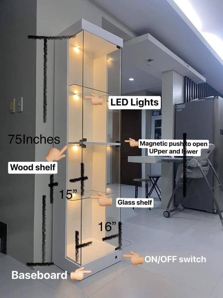 Glass cabinet Displayer (Category: Shelves, Cabinets & Racks) located in San Juan City. Submitted by projectvanity (Listing ID 1228381792, Image 2). Description: With on off switch 220V plug and play light assembly every layer High quality materials Back is also duco painted Direct fabricator can process made to order or custom built design Door to door delivery with minimal fee .