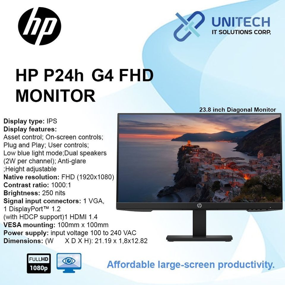 HP P24h G4 24" FHD MONITOR GOOD FOR GAMING, WORK AND ONLINE SCHOOL USE
